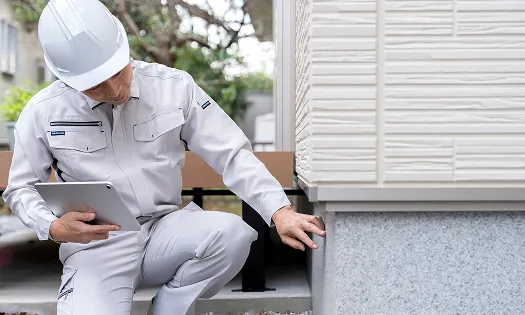 ヘルメットをかぶり作業着を着た建設作業員が改修中の建物内で工具を持っている様子